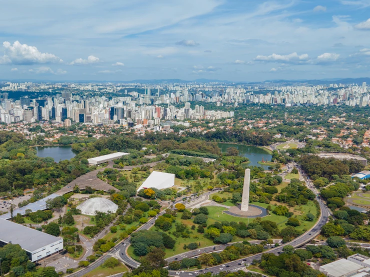 a view of a city from a bird's eye view, by Ceferí Olivé, pexels contest winner, with a park in the background, oscar niemeyer, parks and lakes, skyline showing