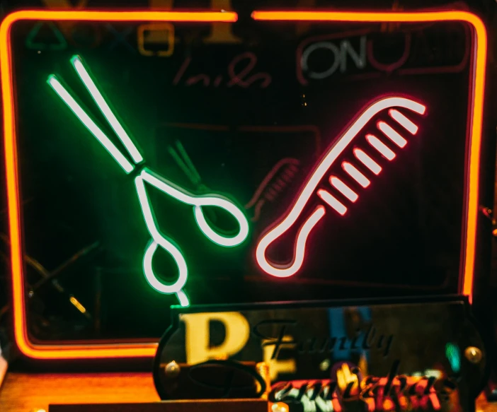 a neon sign with a pair of scissors and a comb, trending on pexels, fantastic realism, diverse haircuts, night life, old signs