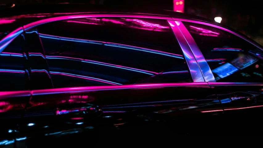 a close up of a car with neon lights, magenta and blue, neon noir, glowing drapes, vivid lines