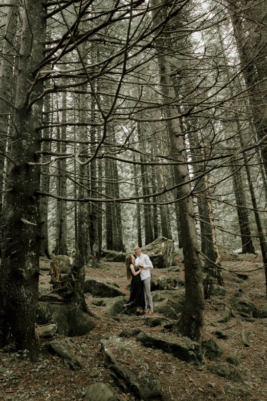 a couple standing next to each other in a forest, a picture, by Else Alfelt, unsplash contest winner, renaissance, standing on rocky ground, ((forest)), forest style studio shot, video
