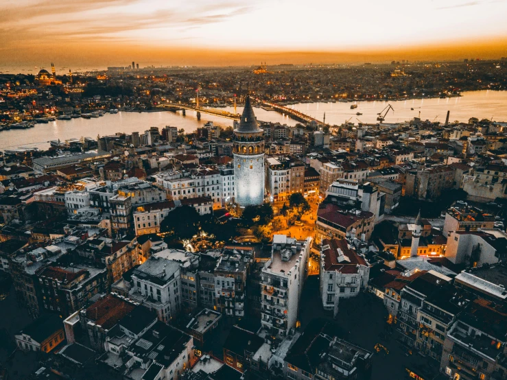 an aerial view of a city at sunset, pexels contest winner, turkish and russian, grey, thumbnail, brown