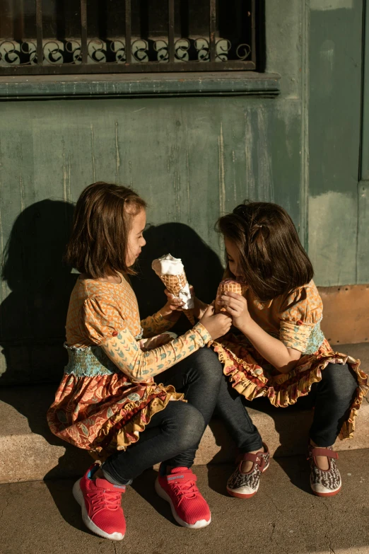 two little girls sitting on the steps eating ice cream, inspired by Elsa Beskow, pexels contest winner, renaissance, patterned clothing, paul barson, brown, profile image