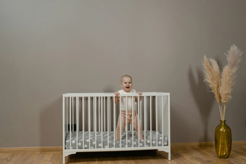 a baby standing in a crib in a room, an album cover, pexels contest winner, figuration libre, 15081959 21121991 01012000 4k, on a gray background, bouncing, furniture