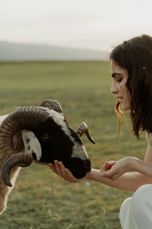 a woman is petting a goat in a field, inspired by Elsa Bleda, trending on pexels, romanticism, ram sheep robot, perfectly lit. movie still, natalia dyer, profile pic