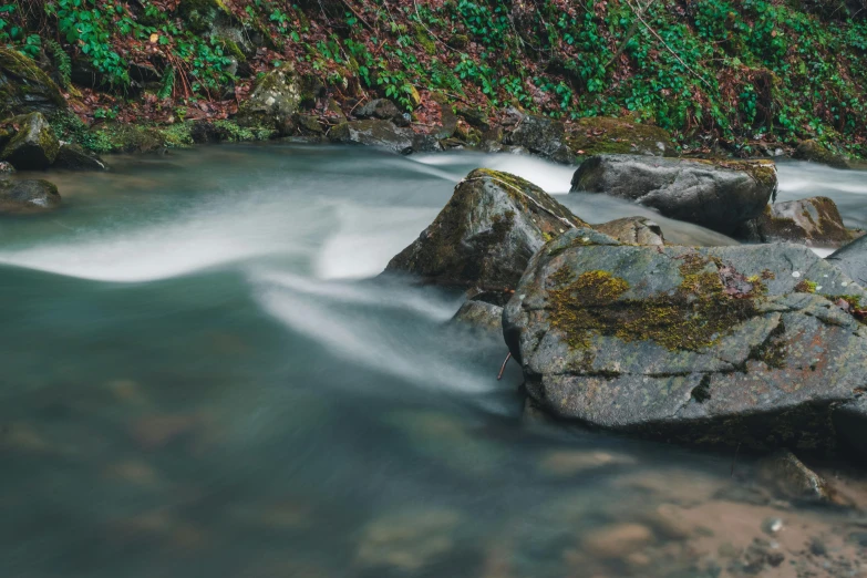 a stream running through a lush green forest, by Mirko Rački, pexels contest winner, floating rocks, grey, thumbnail, medium format. soft light