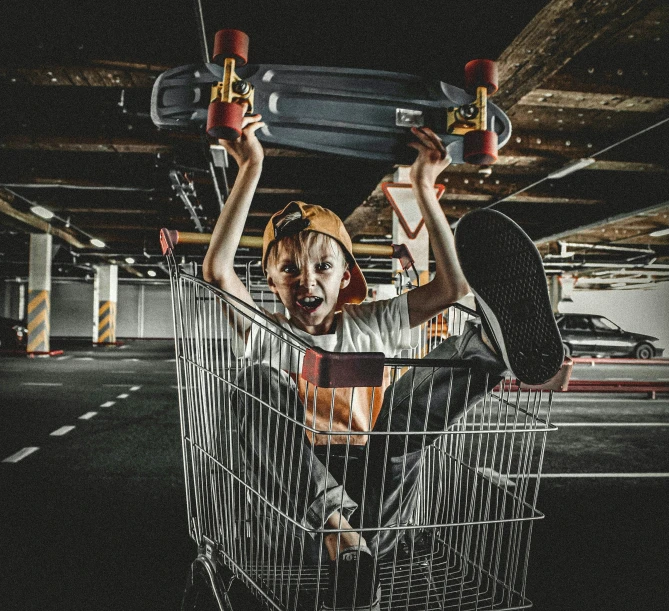 a boy sitting in a shopping cart holding a skateboard, a picture, by Tobias Stimmer, pexels contest winner, screaming at the camera, 15081959 21121991 01012000 4k, instagram picture, oppressive lighting