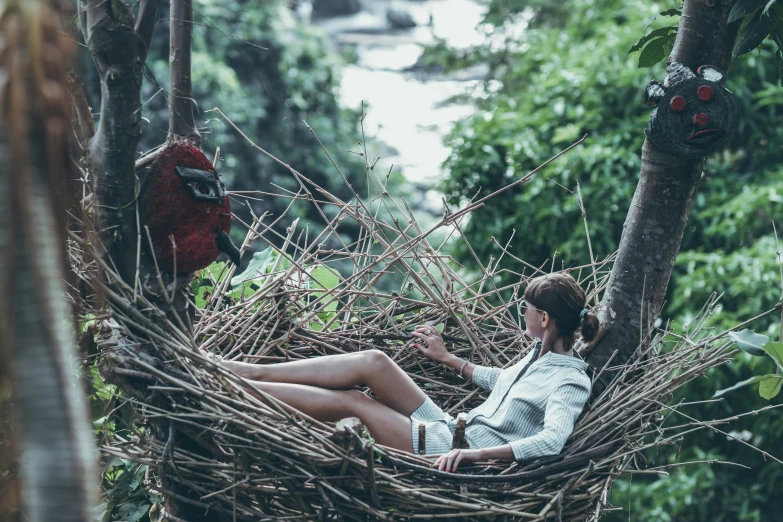 a woman is sitting in a bird nest, inspired by Elsa Bleda, pexels contest winner, party in jungles, avatar image, vacation photo, samorost