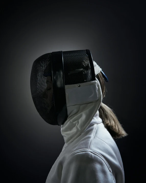 a close up of a person wearing a fencer's mask, by Adam Marczyński, portait image, wearing her helmet, profile image, portrait 8 k