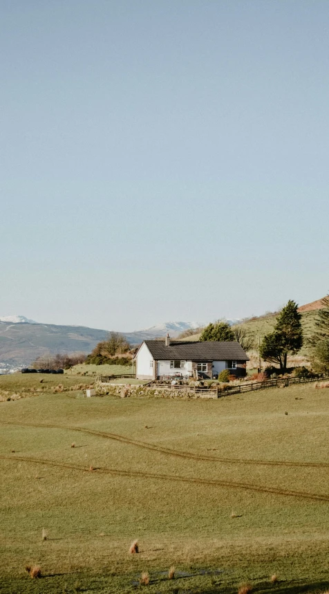 a herd of sheep grazing on a lush green field, a picture, unsplash, wide shot of a cabin interior, cloudless-crear-sky, thumbnail, black mountains