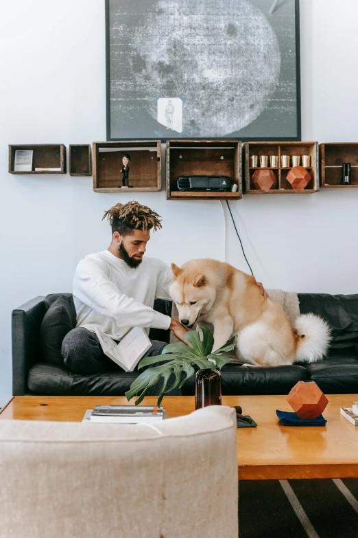 a man sitting on a couch with a dog, pexels contest winner, sustainable materials, two buddies sitting in a room, black man, gif