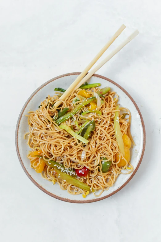 a bowl of noodles with chopsticks in it, goop, 3/4 front view, crispy, fan favorite