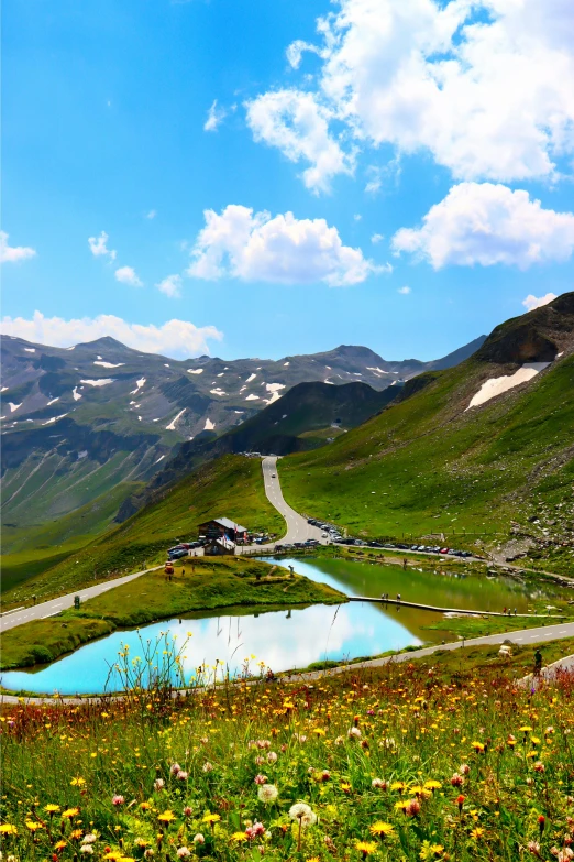a body of water sitting on top of a lush green hillside, by Werner Andermatt, paved roads, alpine, ponds, of