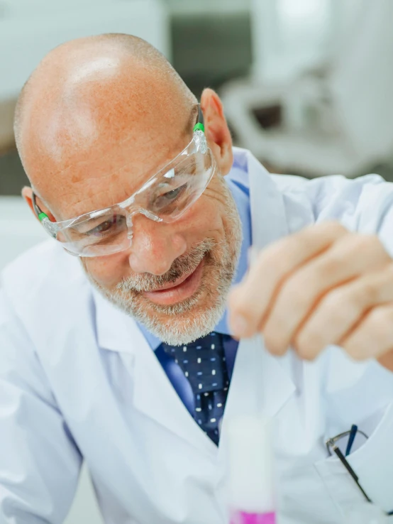 a close up of a person in a lab coat, white reading glasses, bald head and white beard, pleasing, plating