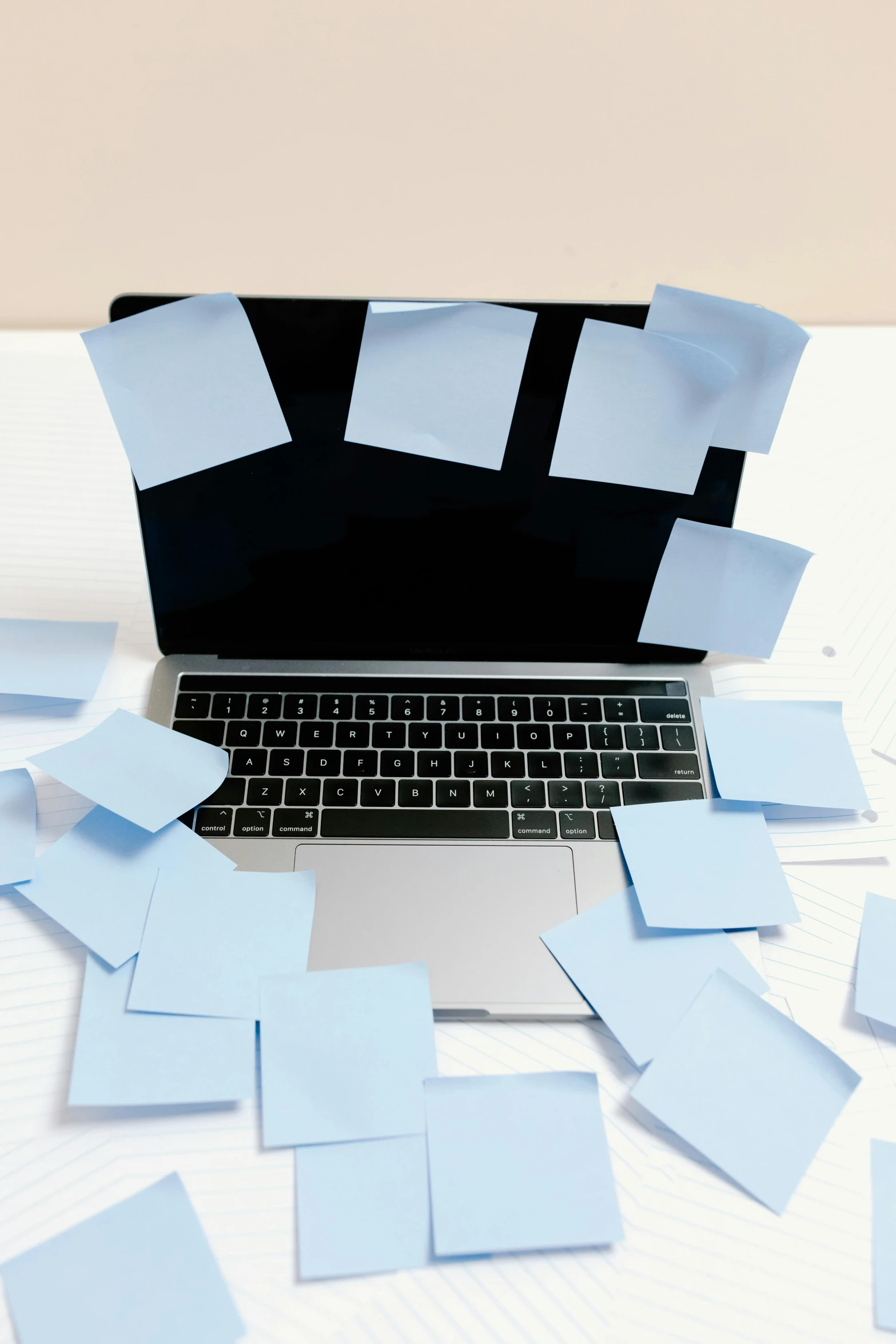 a laptop computer sitting on top of a table covered in sticky notes, thumbnail, no - text no - logo, crisp image, 3 pm