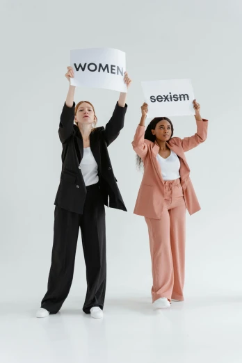 two women holding up signs that say women sexism, trending on pexels, on a pale background, profile picture, suits, standing