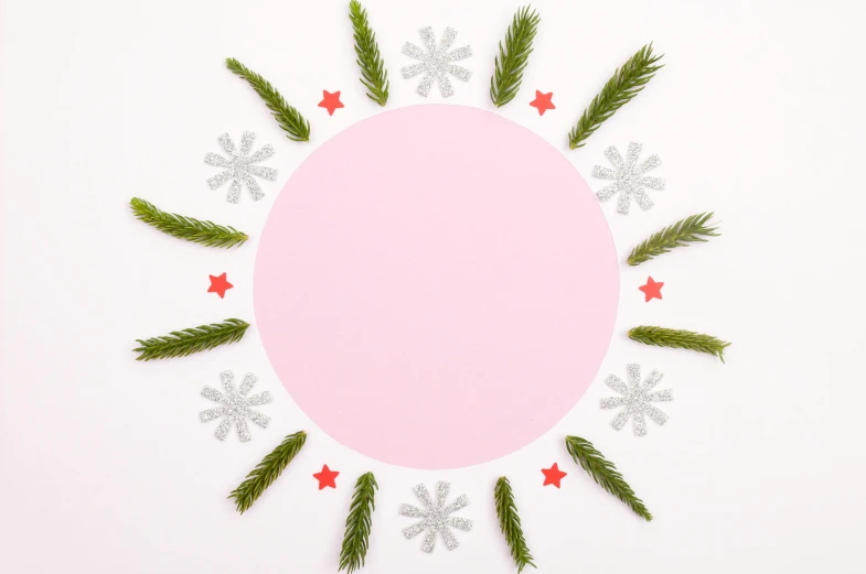 a pink circle surrounded by fir branches and stars, trending on pexels, folk art, background image, full view blank background, snowflakes, instagram picture