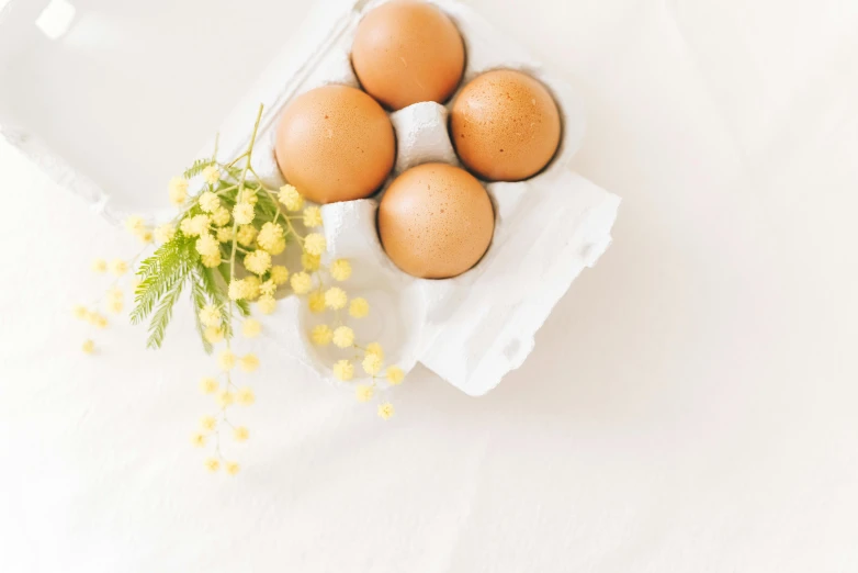 a carton filled with eggs sitting on top of a table, a still life, by Sylvia Wishart, trending on unsplash, white tablecloth, with yellow flowers around it, 🦩🪐🐞👩🏻🦳, australian