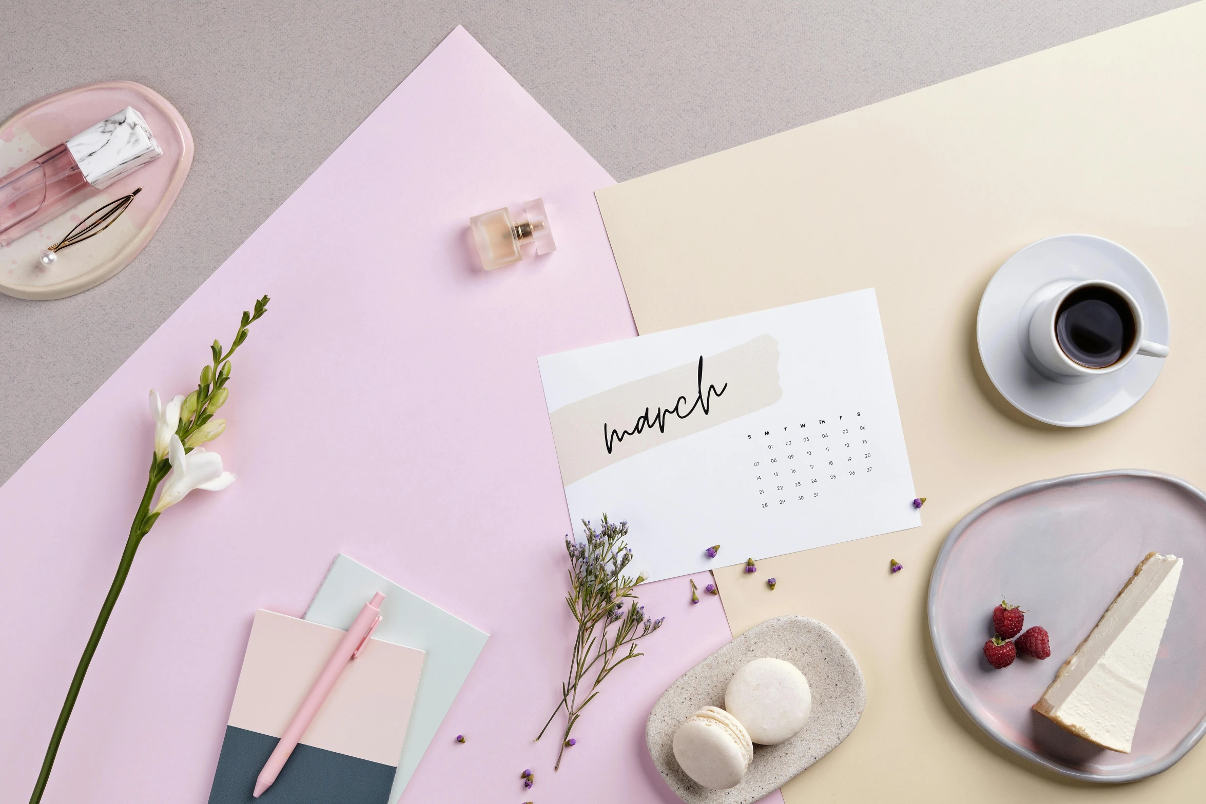 a calendar sitting on top of a table next to a cup of coffee, inspired by Eden Box, trending on pexels, minimalism, pastel pink concrete, various posed, candy pastel, background image