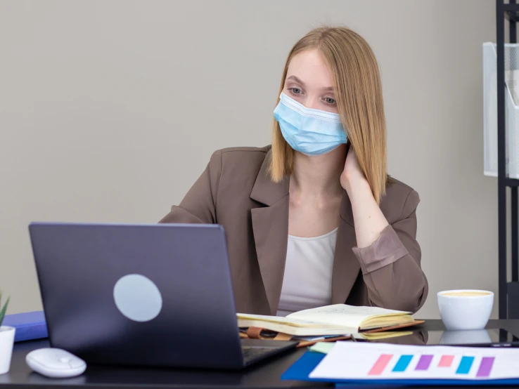 a woman sitting at a desk in front of a laptop wearing a face mask, a picture, funny professional photo, office clothes, beuteful, ilustration