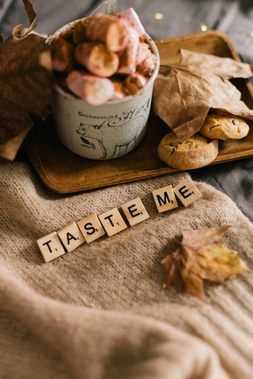 a bowl of food sitting on top of a table, tachisme, letters, autum, thumbnail, cookies