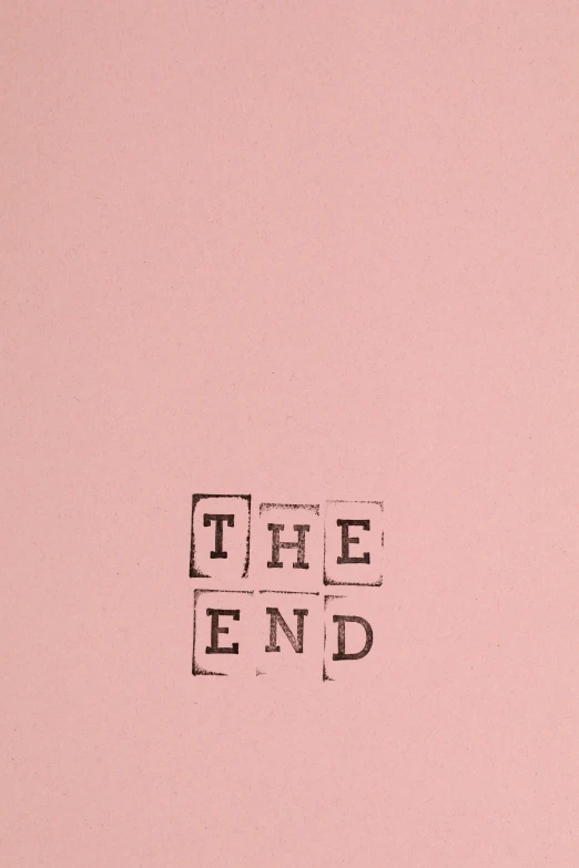 a pink book with the word the end written on it, an album cover, inspired by Edward Ruscha, trending on unsplash, mail art, ffffound, etching, the clangers, \'the end