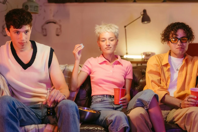 a group of people sitting on top of a couch, inspired by Nan Goldin, trending on pexels, antipodeans, pink and yellow, short curly blonde haired girl, aussie baristas, smoking a joint