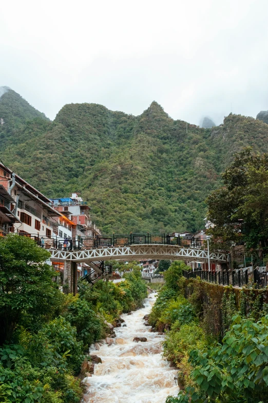 a river running through a lush green valley, inspired by Steve McCurry, ancient ruins favela, bridge, shops, himalayas