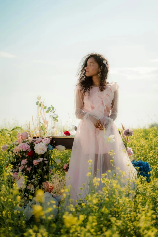 a woman standing in a field of flowers, inspired by Cecil Beaton, romanticism, zendaya, official store photo, wearing organza gown, ashteroth