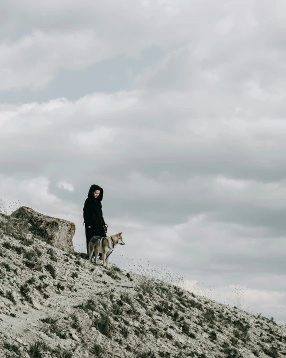 a person standing on top of a hill with a dog, wearing a black hoodie, grey skies, non-binary, trending photo