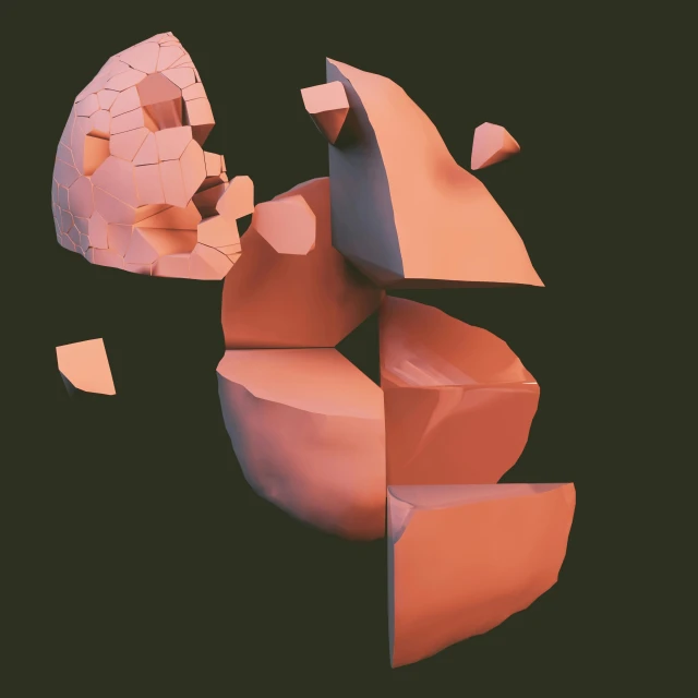 a broken piece of paper sitting on top of a table, by Filip Hodas, abstract claymation, some spherical, broken tiles, pink