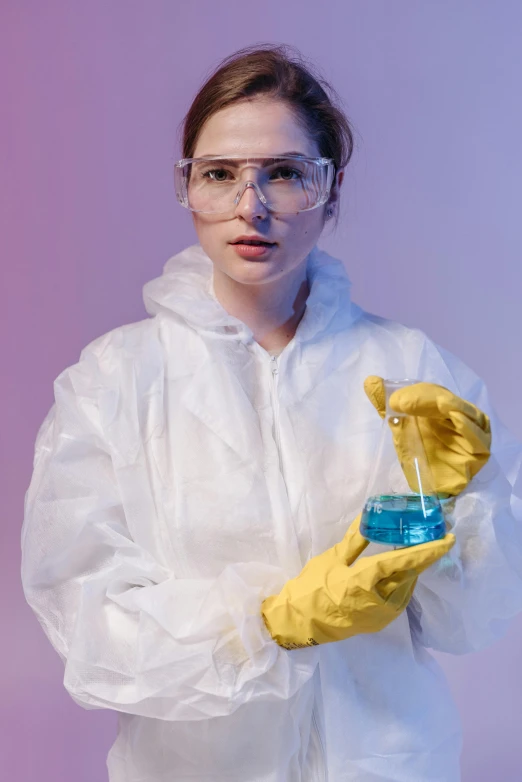 a woman in a lab coat holding a flask, a portrait, shutterstock, analytical art, yellow latex gloves, wearing a neon blue hoodie, 🚀🌈🤩, nerdy