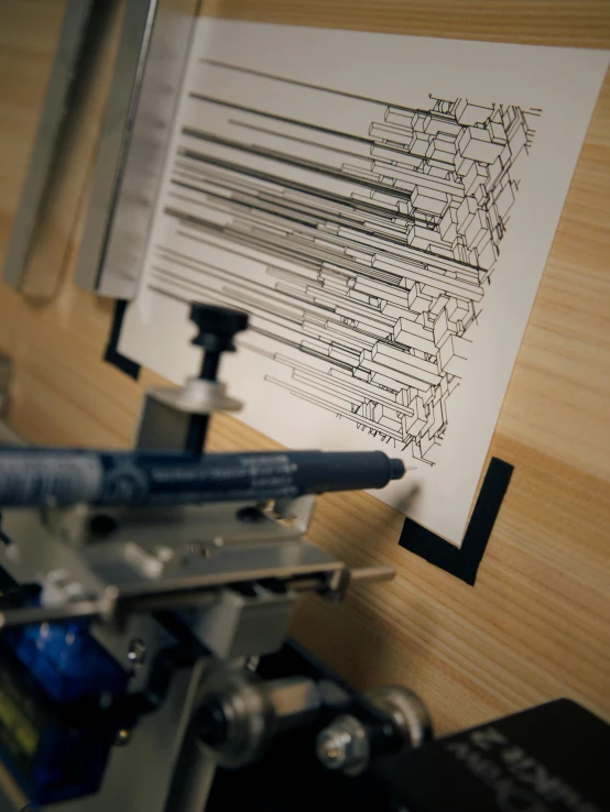 a close up of a piece of paper on a machine, inspired by Ryoji Ikeda, behance contest winner, pen draw, tending on art station, behance lemanoosh, wood print