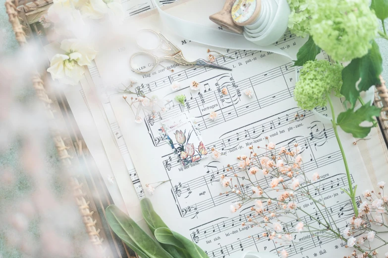 a book sitting on top of a table next to a cup of coffee, an album cover, by Sylvia Wishart, trending on pexels, flower decorations, sheet music, detail shot, musical notes