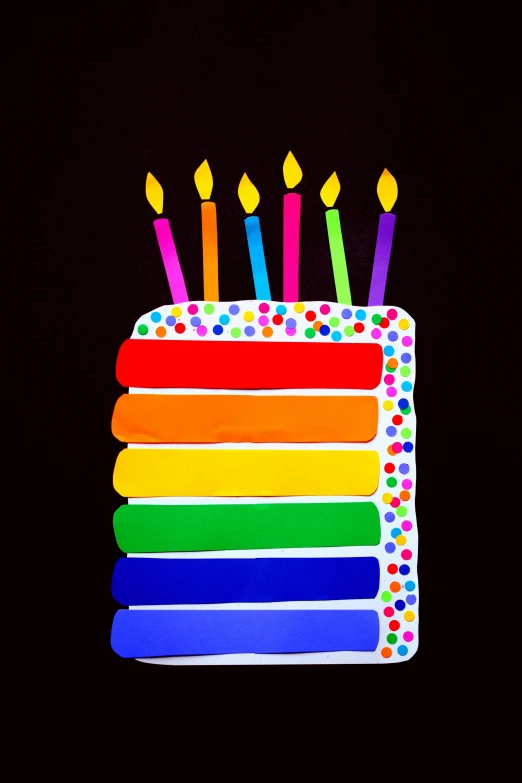a birthday cake with candles on top of it, an album cover, by Helen Berman, crayon art, lgbt flag, dark. no text, illustration:.4, 2 5 6 x 2 5 6 pixels