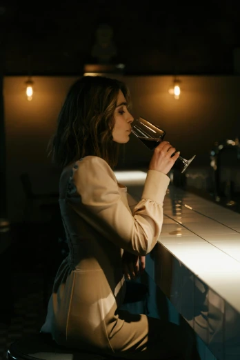 a woman sitting at a bar drinking a glass of wine, inspired by Elsa Bleda, pexels contest winner, renaissance, lily collins, standing in a starbase bar, profile, sydney hanson