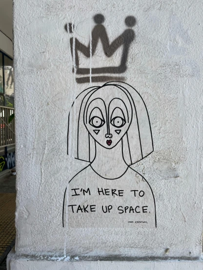 a drawing of a woman with a crown on her head, a cartoon, by Derf, trending on unsplash, graffiti, in space, tel aviv street, i'm here, it would take place in space