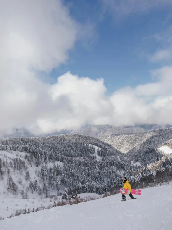 a man riding a snowboard down a snow covered slope, by Emma Andijewska, pexels contest winner, renaissance, overlooking a valley with trees, gunma prefecture, profile image, slide show