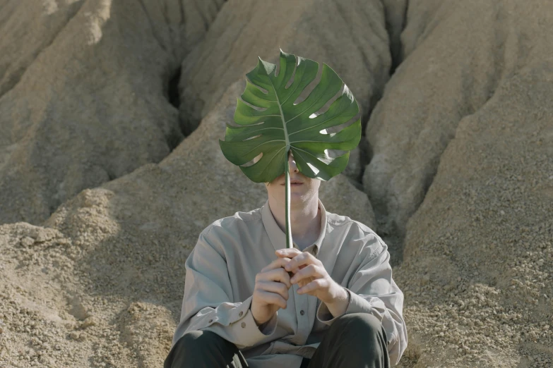 a man with a leaf on his head, an album cover, unsplash, surrealism, low quality footage, monstera deliciosa, ignant, film still from movie dune-2021