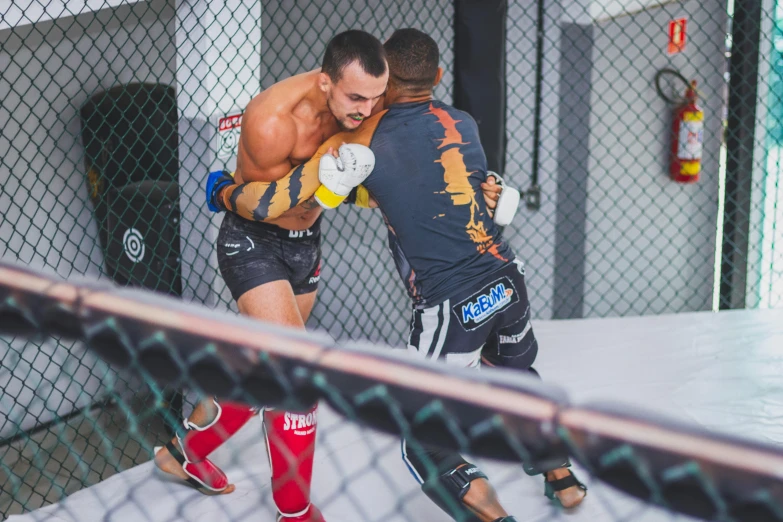 a couple of men standing next to each other in a cage, inspired by Nathan Oliveira, pexels contest winner, getting ready to fight, square, mid action, profile image