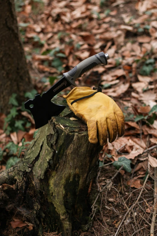 a pair of gloves sitting on top of a tree stump, a folding knife, yellow, displayed, holding axe