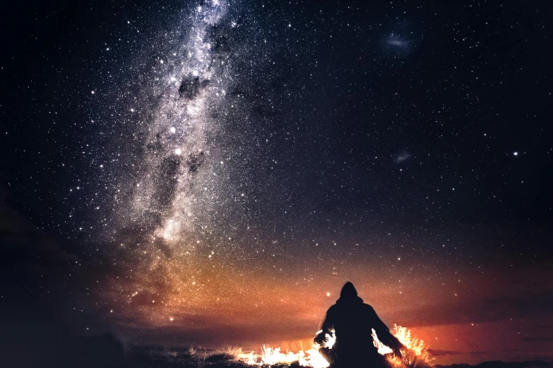 a person standing on top of a hill under a sky full of stars, pexels contest winner, light and space, campfire background, avatar image