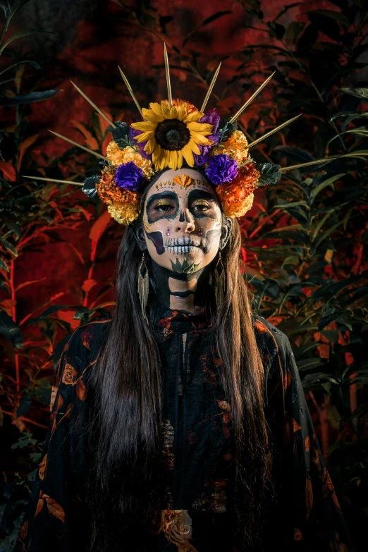 a woman with a flower crown on her head, by Briana Mora, pexels contest winner, conceptual art, skull face paint, mayan priestess, promotional image, rick baker