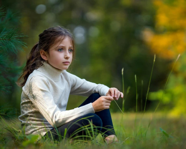 a little girl that is sitting in the grass, a portrait, pexels contest winner, realism, beautiful lonely girl, paul barson, handsome girl, autum