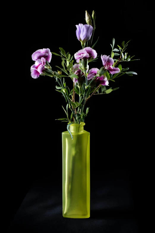 a green vase filled with purple flowers against a black background, full product shot, carnation, light green mist, tall shot