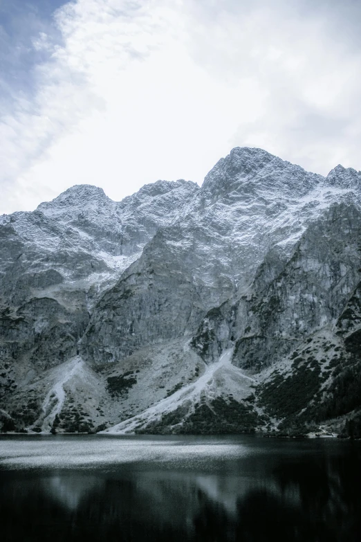 a body of water surrounded by snow covered mountains, a photo, inspired by Jacek Sempoliński, trending on unsplash, rugged textured face, grey, poland, stacks