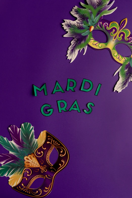 a mardi gras mask and a mardi gras mask on a purple background, by Carey Morris, paper cut out, game ready, detail shot, adi meyers