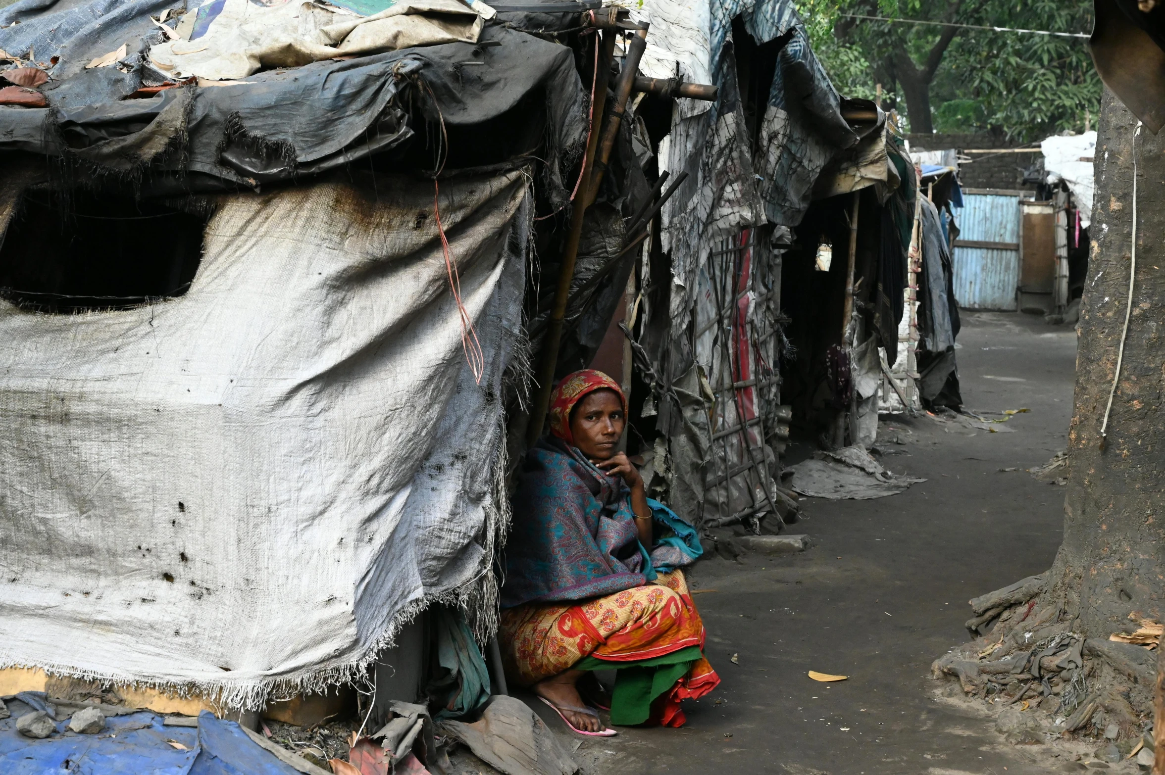 a woman sitting outside of a tent next to a tree, hurufiyya, grimy streets backdrop, thumbnail, makeshift houses, profile image