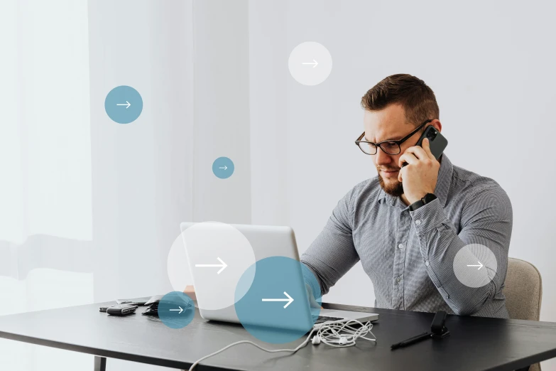 a man sitting at a table talking on a cell phone, a computer rendering, by Adam Marczyński, trending on pexels, callouts, geometrical, background image, minimalist desk