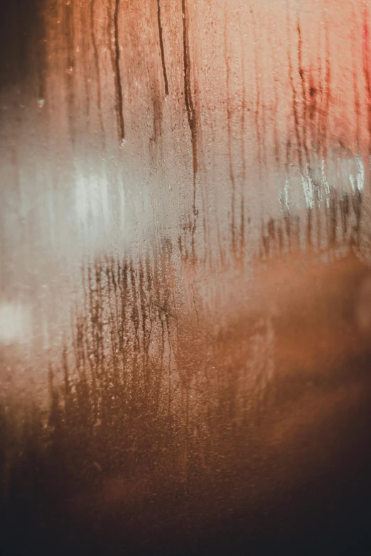 a blurry photo of a street at night, an abstract painting, inspired by Elsa Bleda, trending on unsplash, lyrical abstraction, looking through frosted glass, closeup of sweating forehead, behind red curtains, brown water