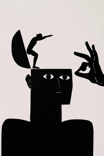 a black and white picture of a person doing a trick, a surrealist sculpture, inspired by Oskar Schlemmer, unsplash, fluxus, greeting hand on head, cut-out paper collage, black silhouette, black man